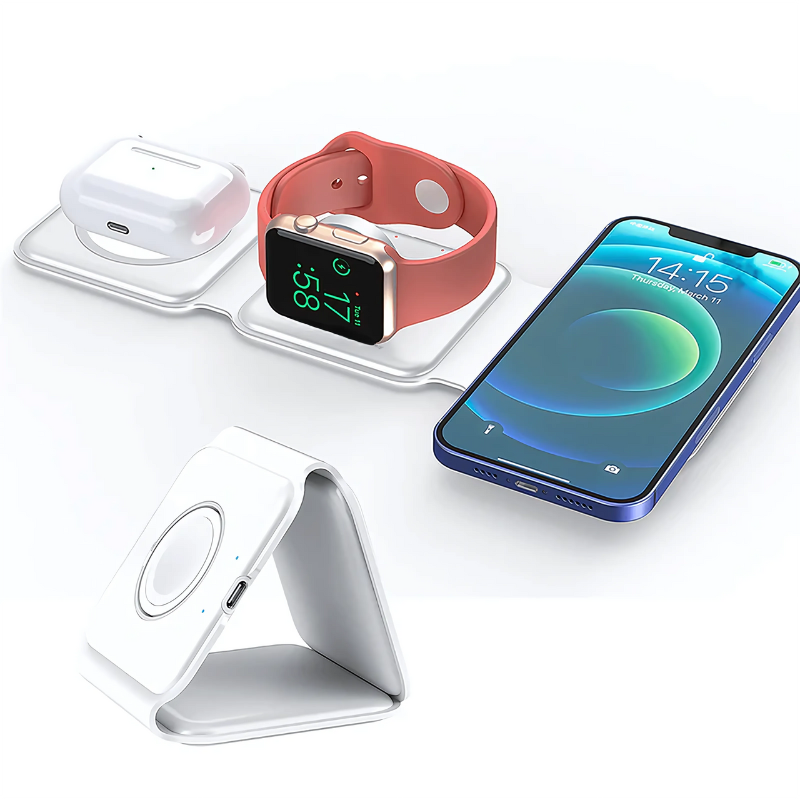 MagTrio: 3-in-1 Foldable MagSafe & Qi2 Compatible Wireless Charger with 15W Fast Charging for iPhone, AirPods & Apple Watch
