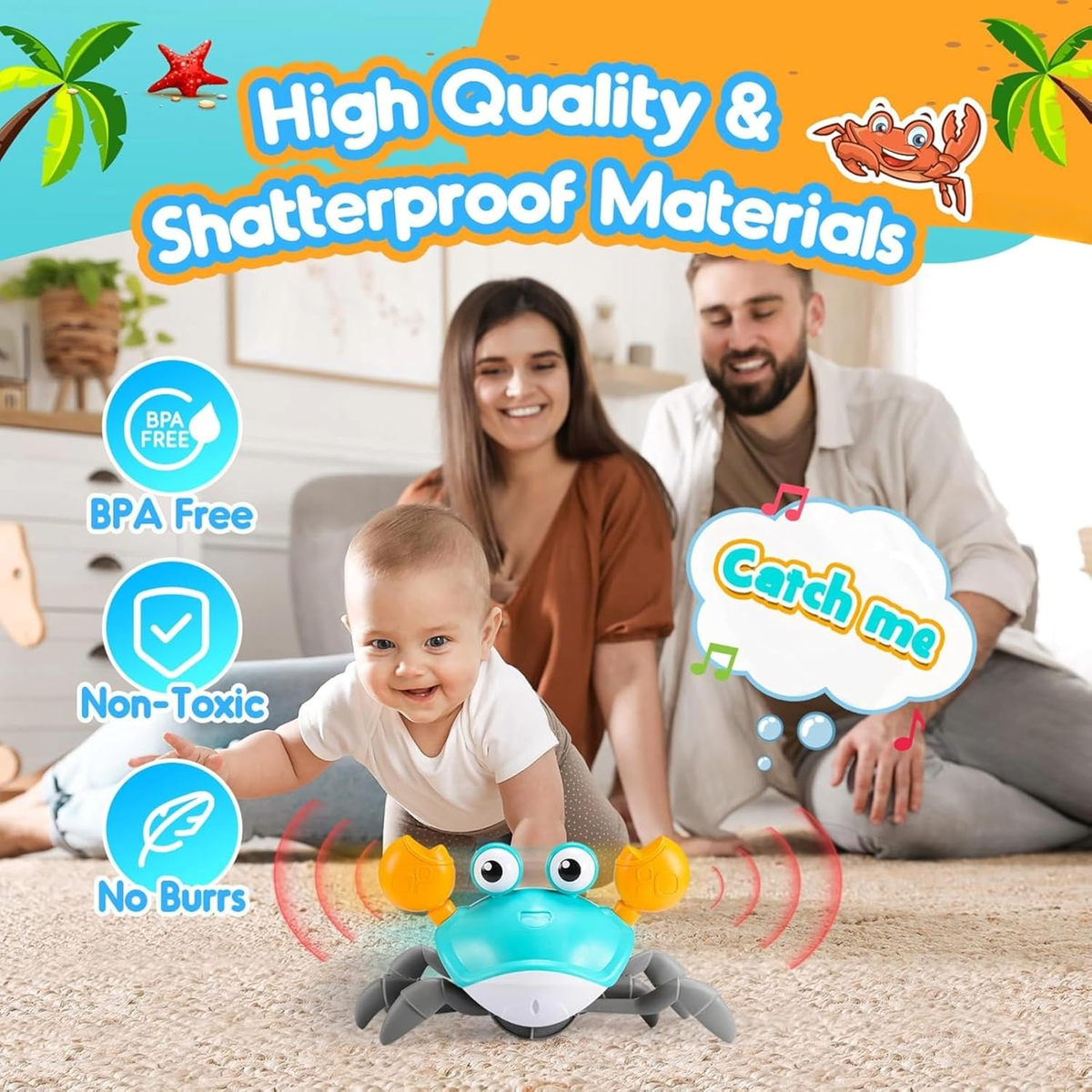 Crabby: Interactive Electric Crawling Crab Toy with Smart Obstacle Avoidance Sensor, Music, LED Lights & USB Rechargeable Battery, Moving Dancing Toy for Kids & Toddlers