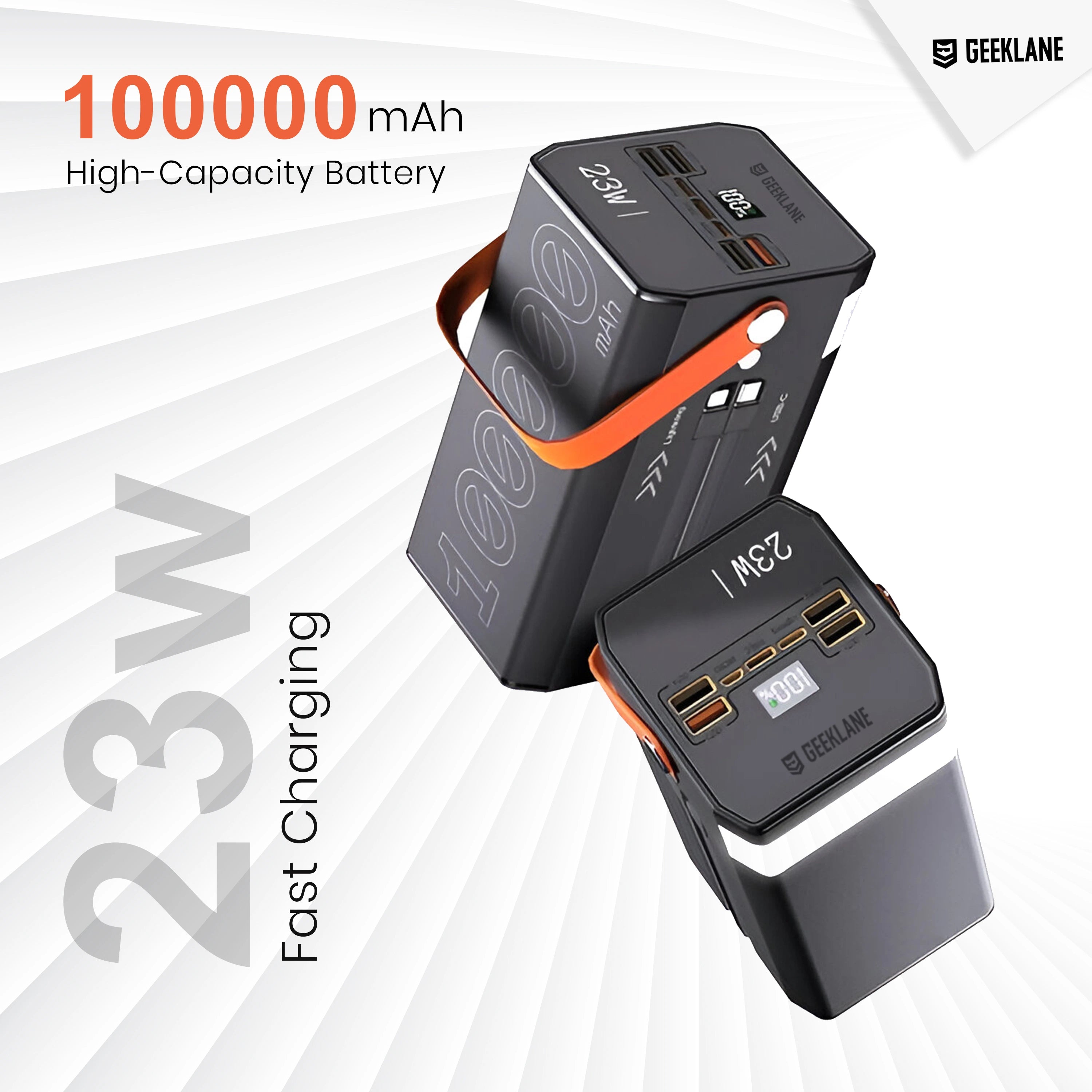 Bunker: 100,000mAh (1 Lakh mAh) Ultra-High Capacity Li-Po Power Bank with 7 Outputs, PD 3.0 Fast Charging, Built-in Type-C & Lightning Cables & Torch