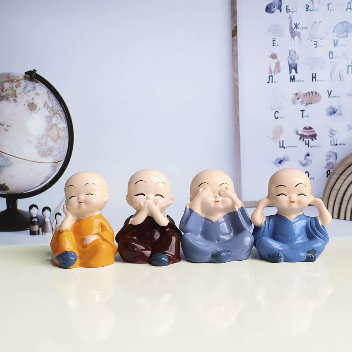 Bliss: Set of 4 Buddha Monk Statues with Elegant Design, Ideal for Home, Office & Spiritual Decor