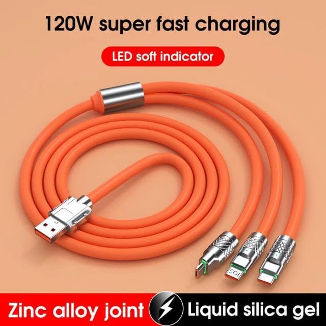 Flex: 120W 3-in-1 Liquid Silicone Tangle-Free Fast Charging Cable with Type-C, Micro-USB & Lightning Connectors