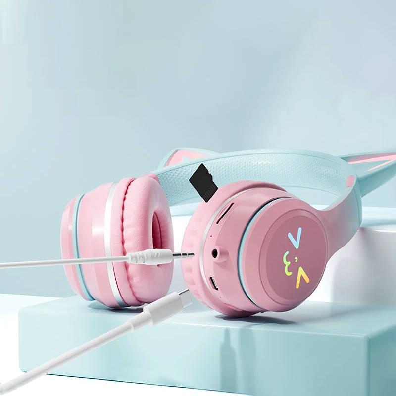 KittyHead: Wireless Cat Ear Headset with RGB LED Lights, Foldable Design headphone for PC, Tablet & Mobile