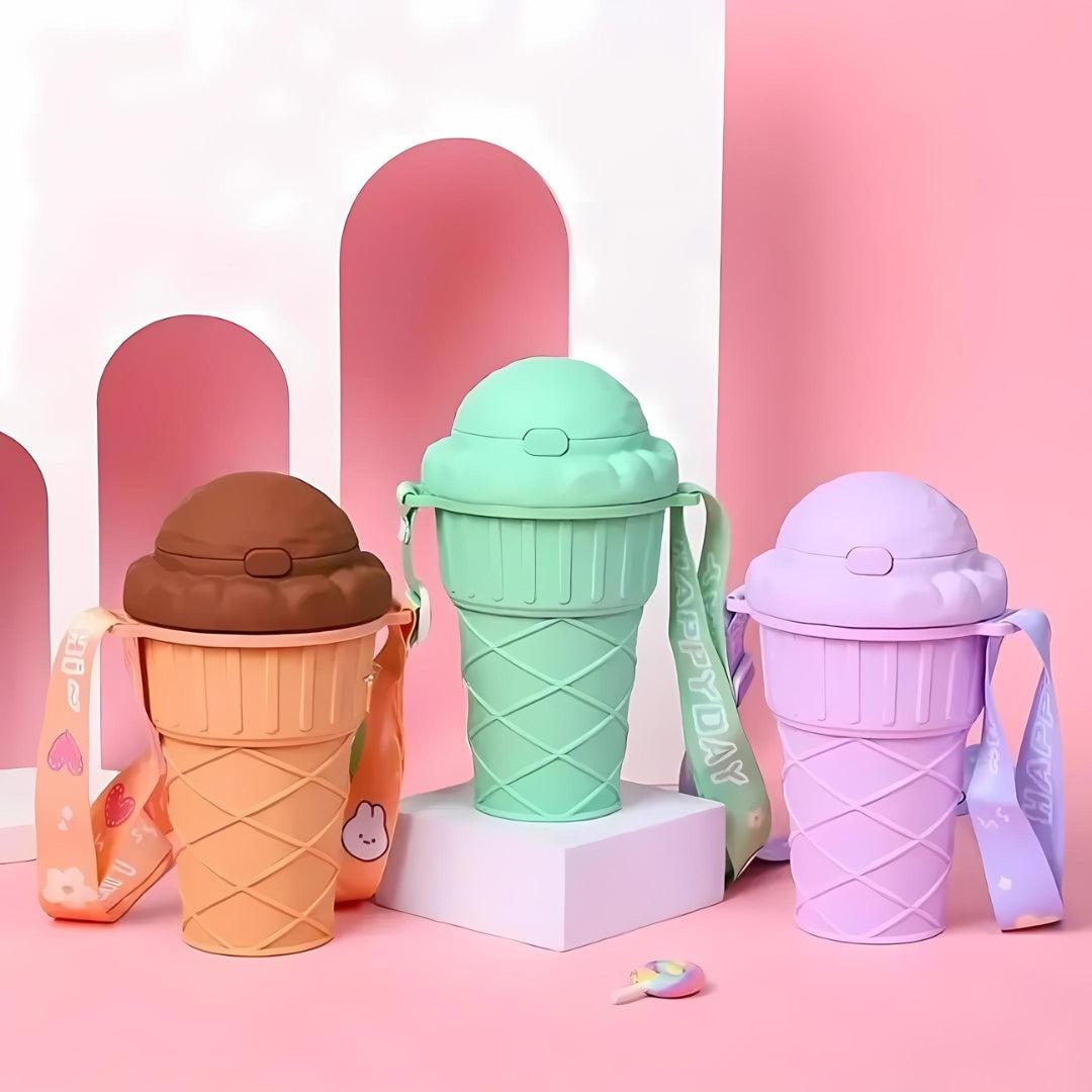 Sippy: Adorable Ice Cream Cone Sipper Bottle with Built-In Straw & Kid-Friendly 450ml Design