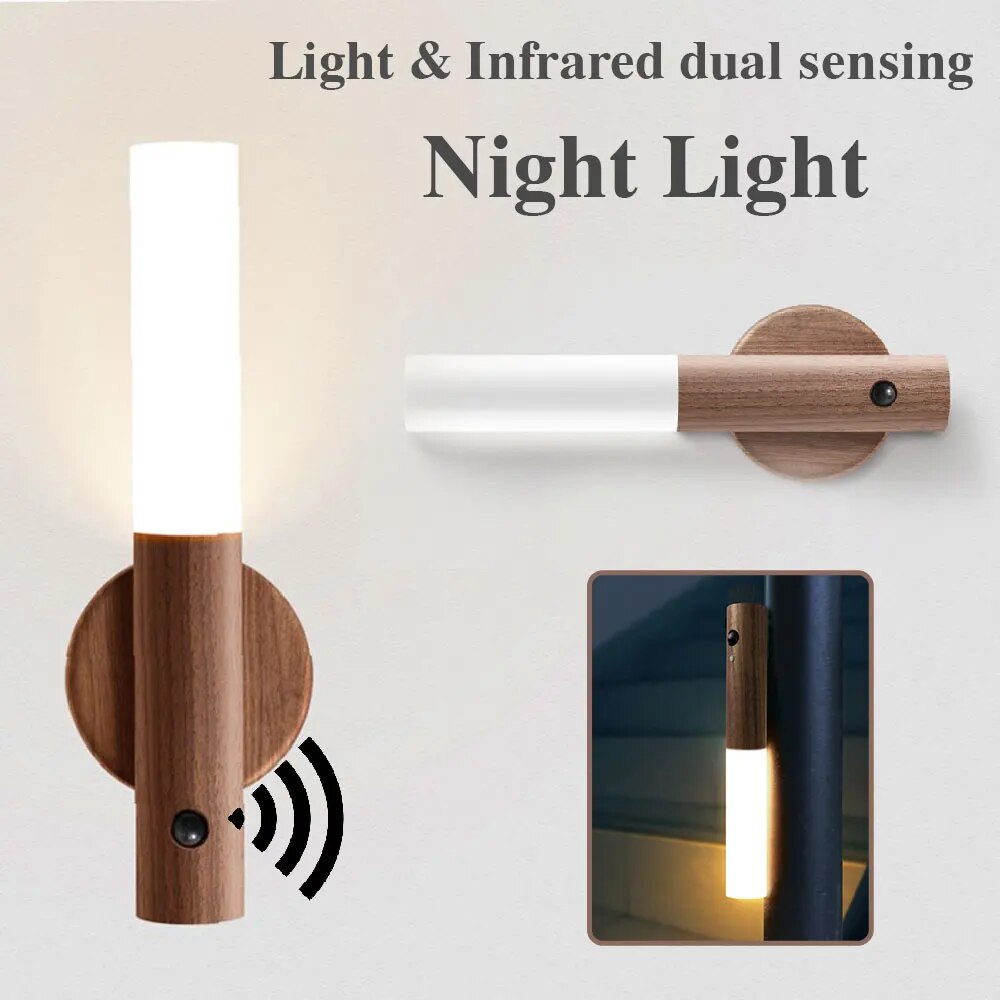 Wand: Magnetic Motion Sensor Light with USB Rechargeable LED & Wall-Mounted Wooden Torch Design for Home & Hallways