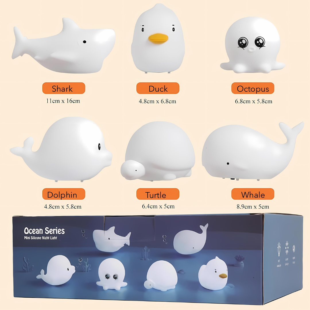OceanPals: Set of 6 Adorable Ocean-Themed Squishy Night Lights with Soft LED Glow – Includes Whale, Shark, Octopus, Dolphin, Turtle & Duck