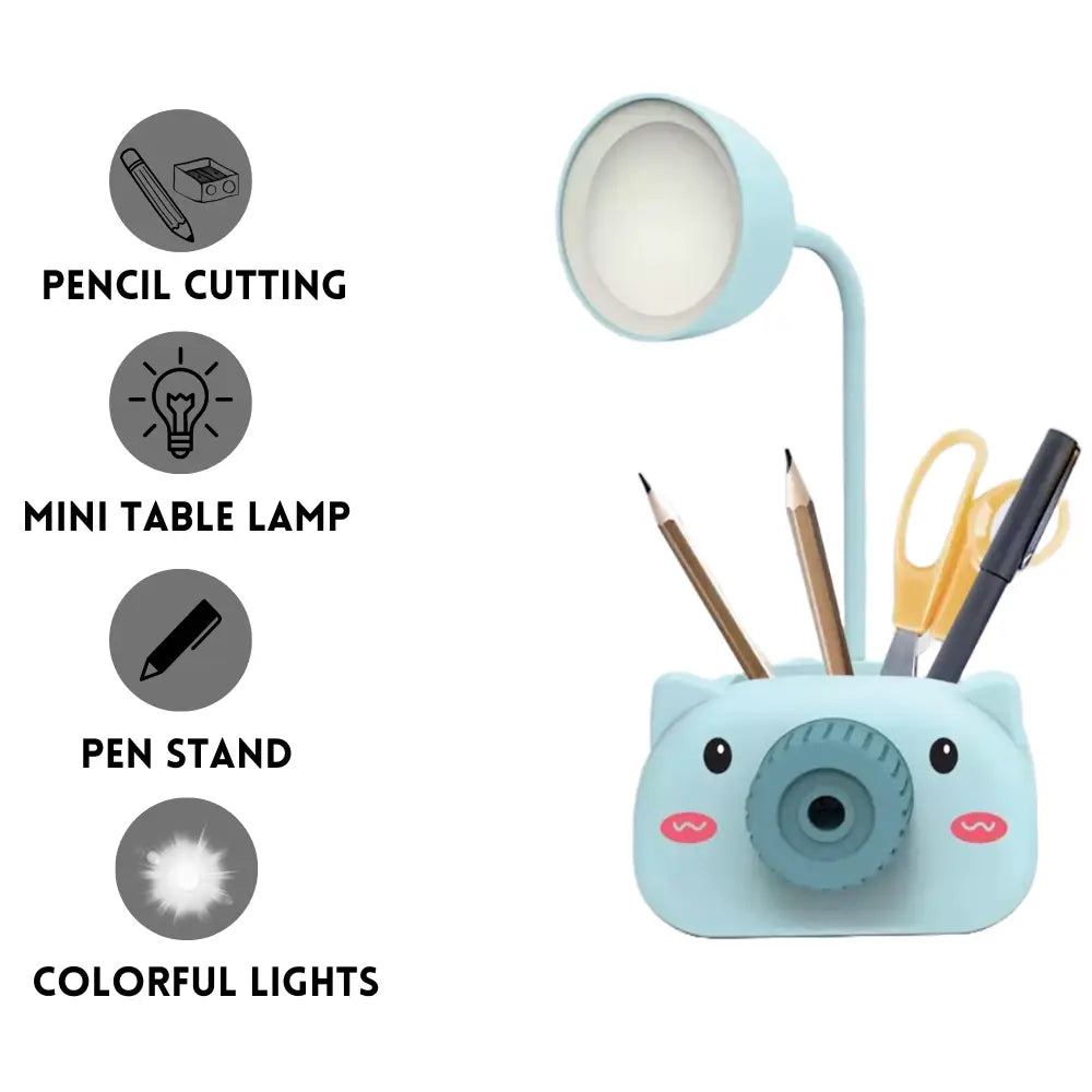 Snortie: Rechargeable LED Table Lamp with Cute Pig Design, Eye-Friendly Study Light with Pen Holder, Sharpener & Camera-Style Look for Kids’ Desk