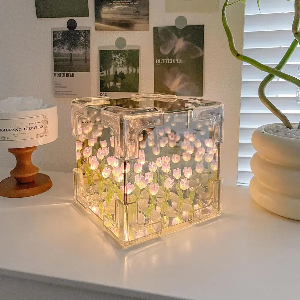 GlowCraft: DIY Infinite Mirror Tulip Lamp with 3D LED Flower Lights for Tabletop Décor & Unique Gifting