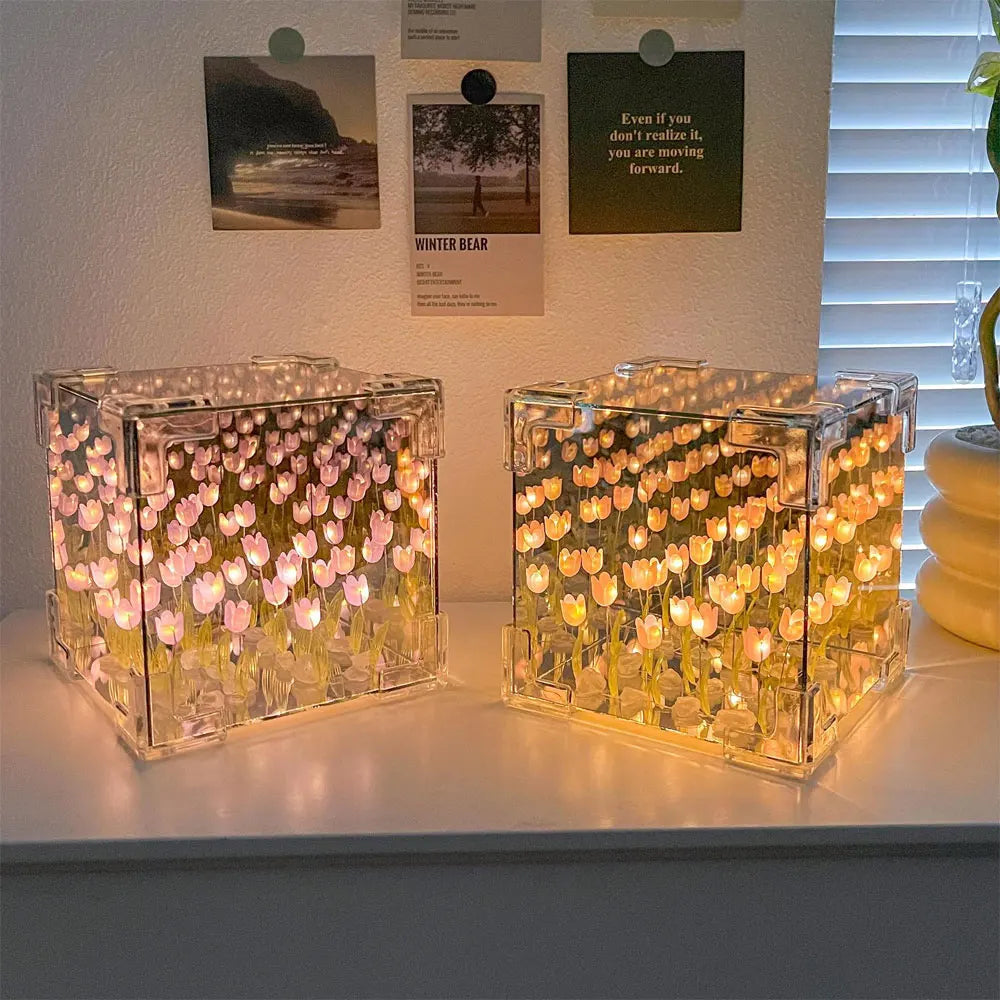 GlowCraft: DIY Infinite Mirror Tulip Lamp with 3D LED Flower Lights for Tabletop Décor & Unique Gifting