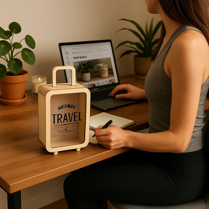 DreamVault: Wooden Travel Fund Savings Box with Count, Decorative Suitcase Piggy Bank for Vacation Goals, Coins & Notes, Perfect Gift for Kids & Adults