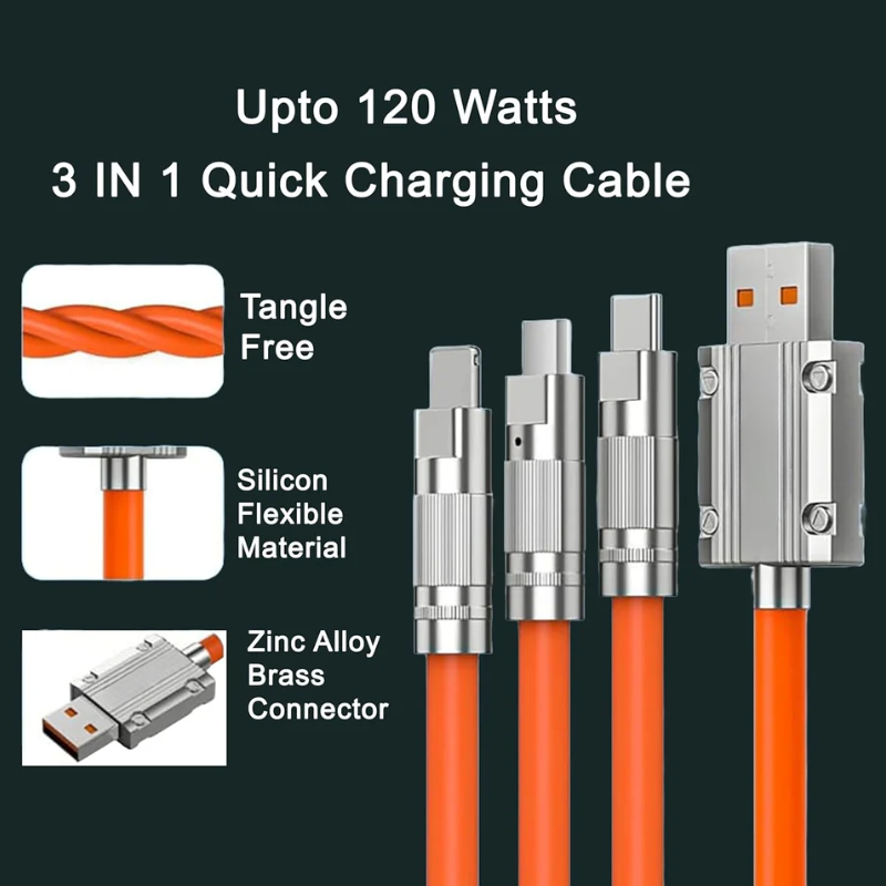 Flex: 120W 3-in-1 Liquid Silicone Tangle-Free Fast Charging Cable with Type-C, Micro-USB & Lightning Connectors
