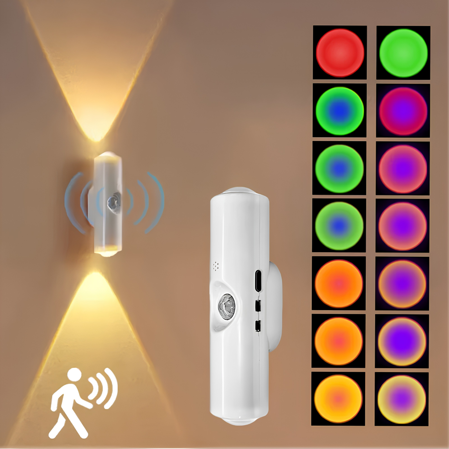 Sensey: Motion Sensor RGB LED Night Light with USB Rechargeable Design, Auto On/Off Color-Changing Wall Lamp for Bedroom, Hallway, Stairs & Cabinets