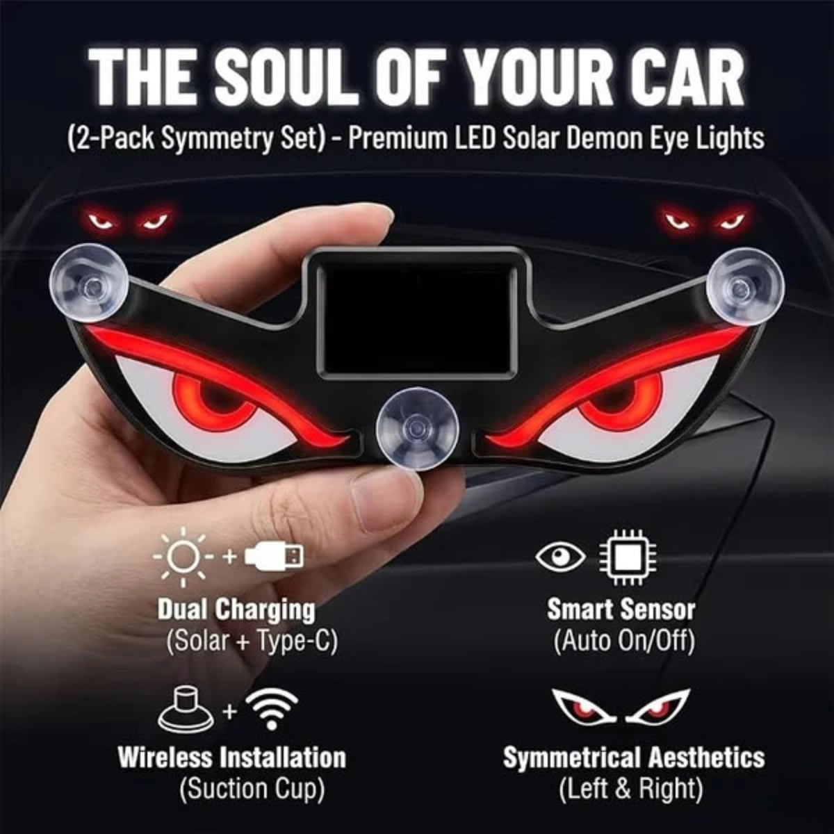 EvilEye: Solar-Powered Devil Eye LED Car Window Light with Wireless Triangle Design, Energy-Efficient Night Glow & Automotive Window Decoration