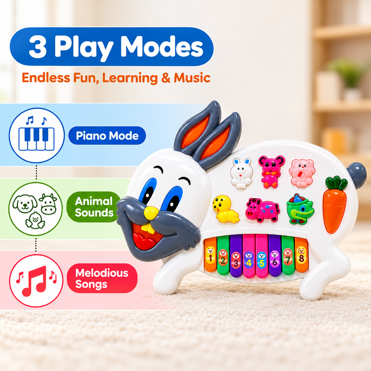 BonBon: Cute Rabbit Musical Piano Toy with 3 Play Modes, Interactive Keyboard, Animal Sounds, Flashing LED Lights & Music for Kids