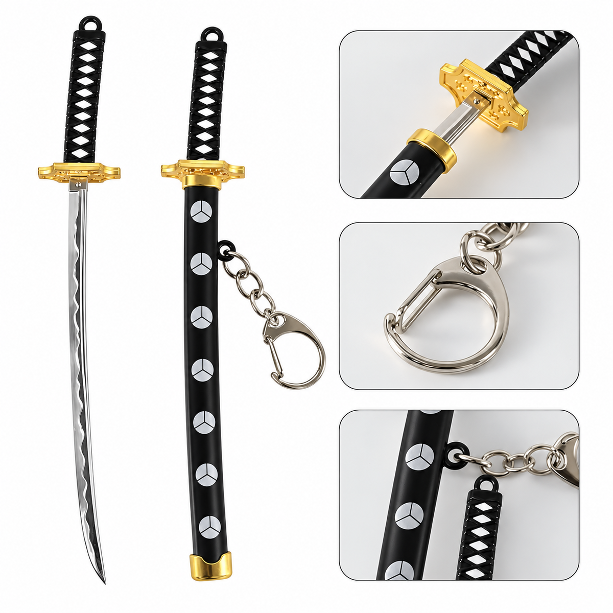 Kensai: Mini Samurai Katana Sword Keychain with Black Handle, Gold Accents & Metal Chain, 15cm Japanese Sword-Inspired Decorative Keyring & 3D Collectible for Bags & Keys