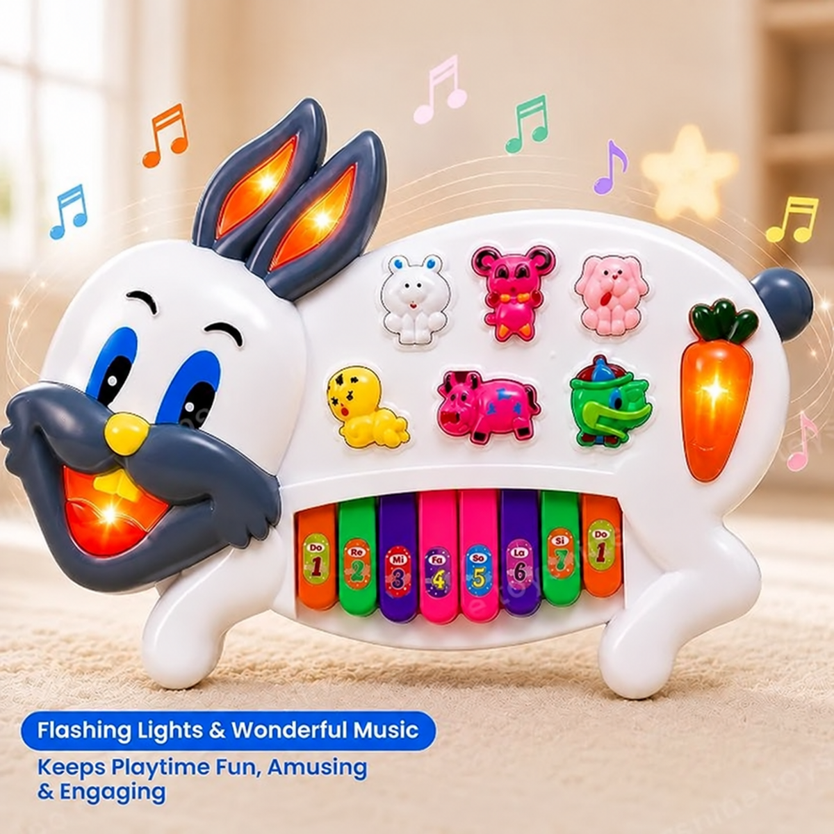 BonBon: Cute Rabbit Musical Piano Toy with 3 Play Modes, Interactive Keyboard, Animal Sounds, Flashing LED Lights & Music for Kids