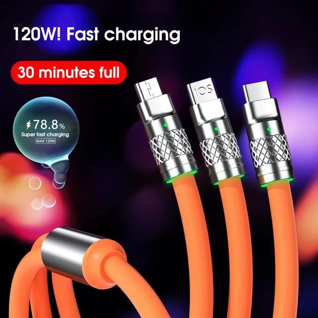 Flex: 120W 3-in-1 Liquid Silicone Tangle-Free Fast Charging Cable with Type-C, Micro-USB & Lightning Connectors