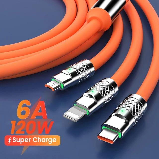 Flex: 120W 3-in-1 Liquid Silicone Tangle-Free Fast Charging Cable with Type-C, Micro-USB & Lightning Connectors