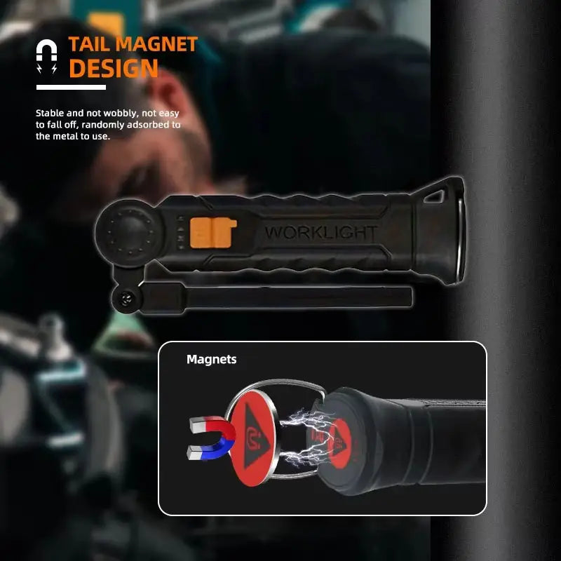 WorkLight: Rechargeable LED Work Light with Magnetic Base & 360° Folding Design, 5 Lighting Modes, Hook & Portable Torch for Car Repair, Camping & Emergency Use