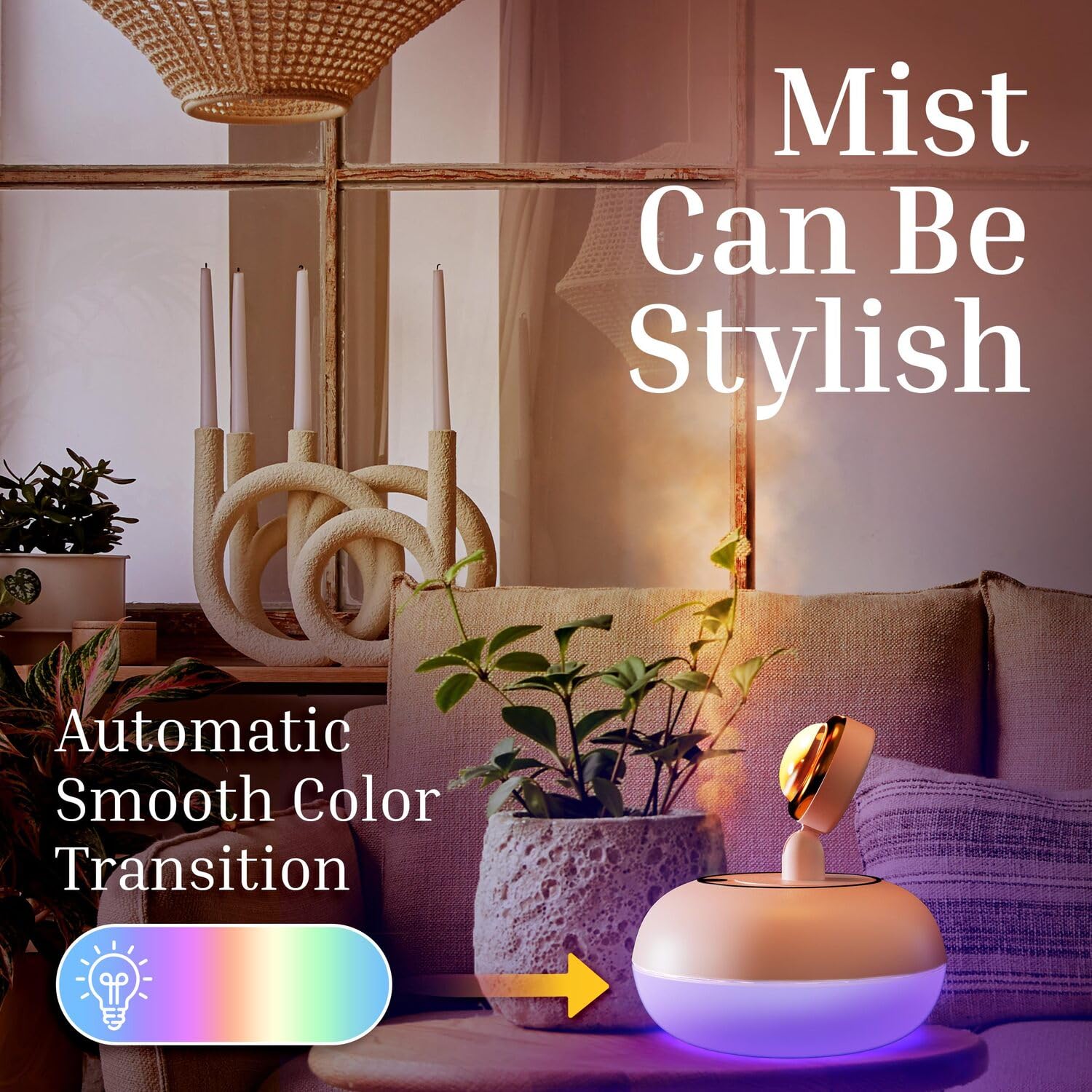 AuraMist: 2-in-1 Sunset Lamp & Cool Mist Humidifier USB Powered with Adjustable Mist Levels & 360° Rotatable Head