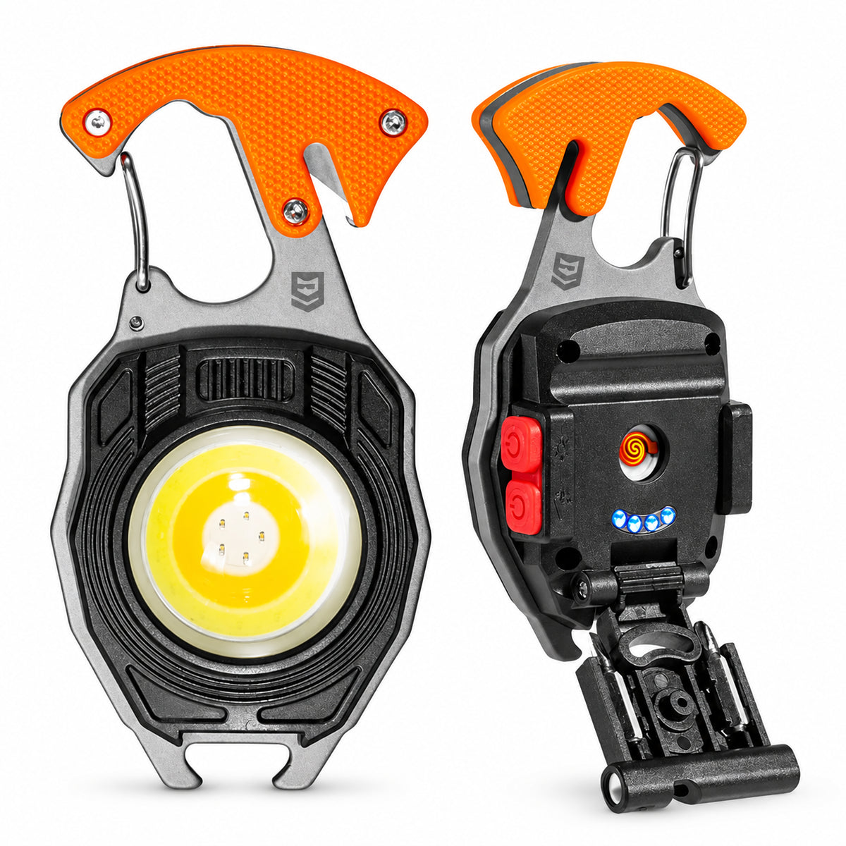Orange Geeklane Glowbit COB keychain light shown from front and rear on white, with a fold-out stand.