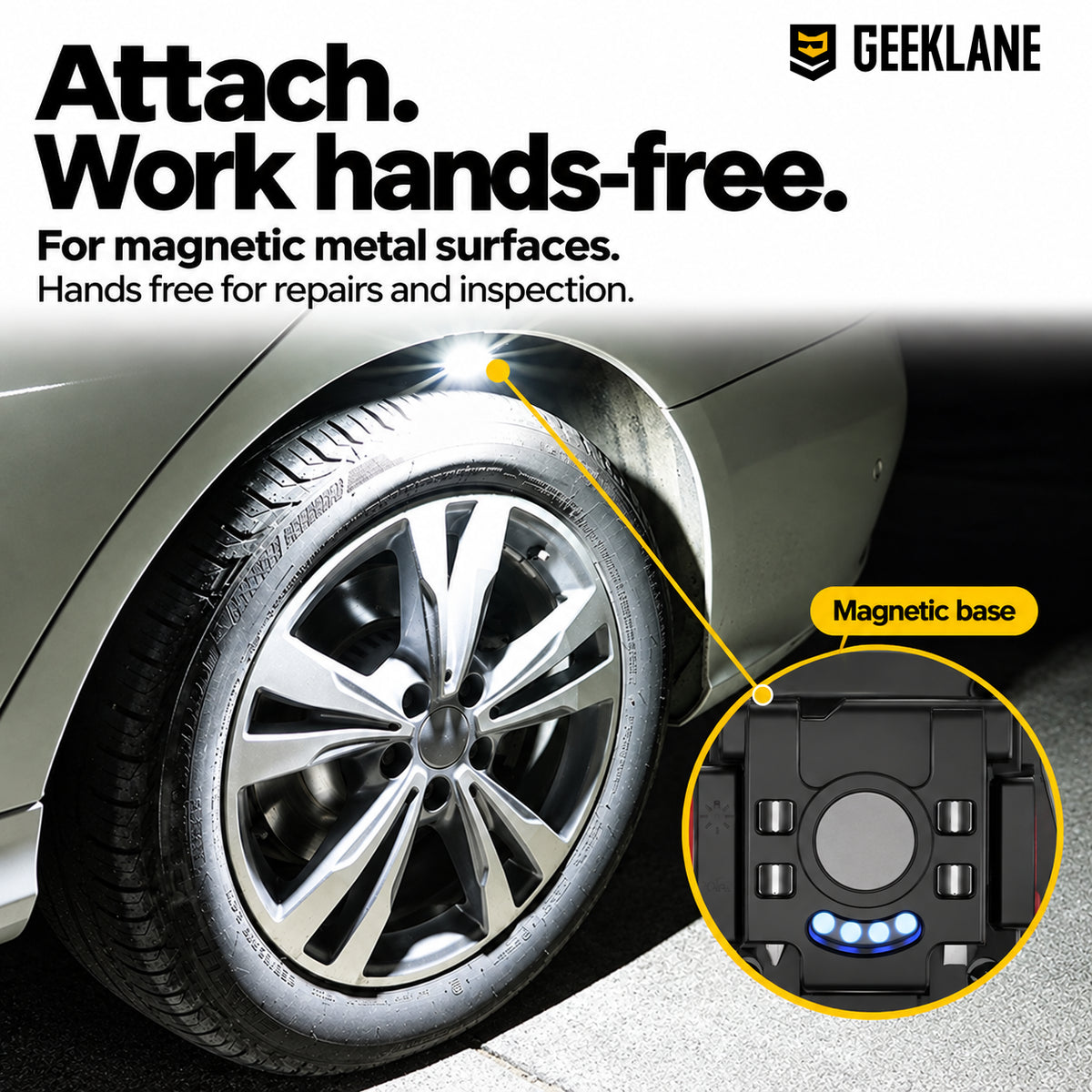 Car wheel-arch lighting scene with a Glowbit magnetic-base inset and hands-free work information.