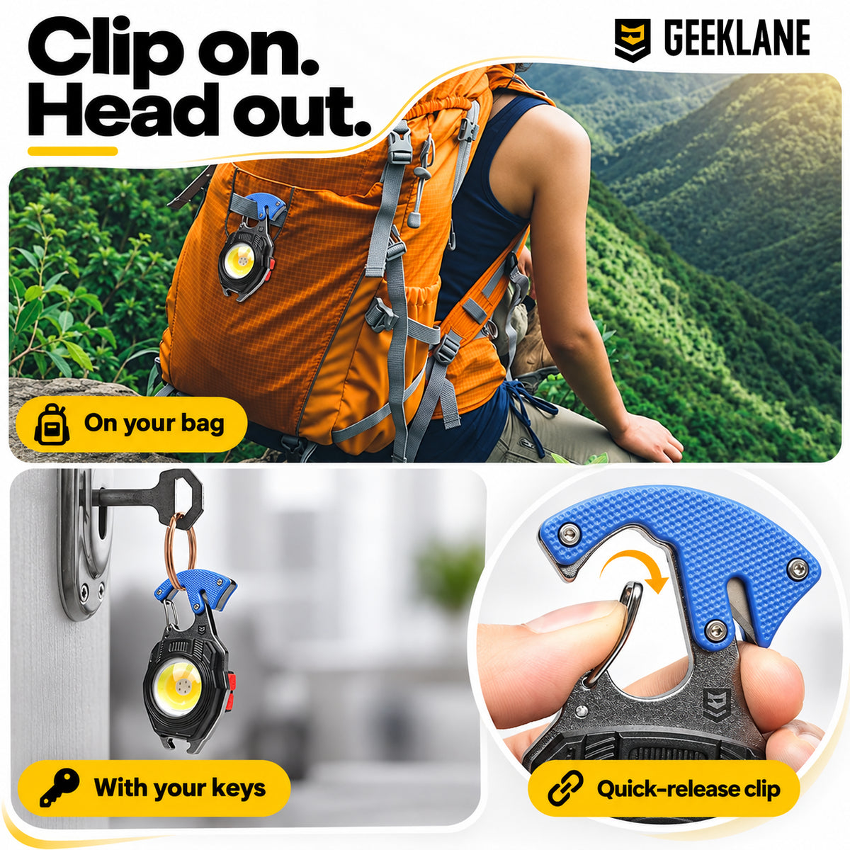 Glowbit carried on a backpack and key ring, with a close-up showing its carabiner gate opening.