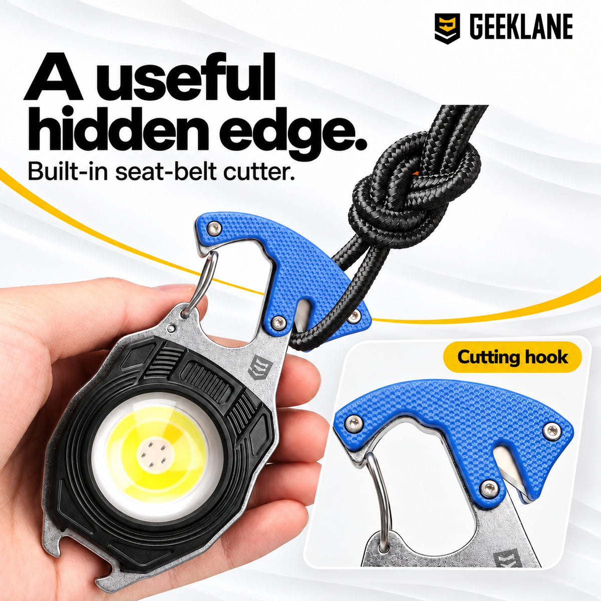 Blue Glowbit held while cutting cord, with a close-up of the built-in cutting-hook slot.