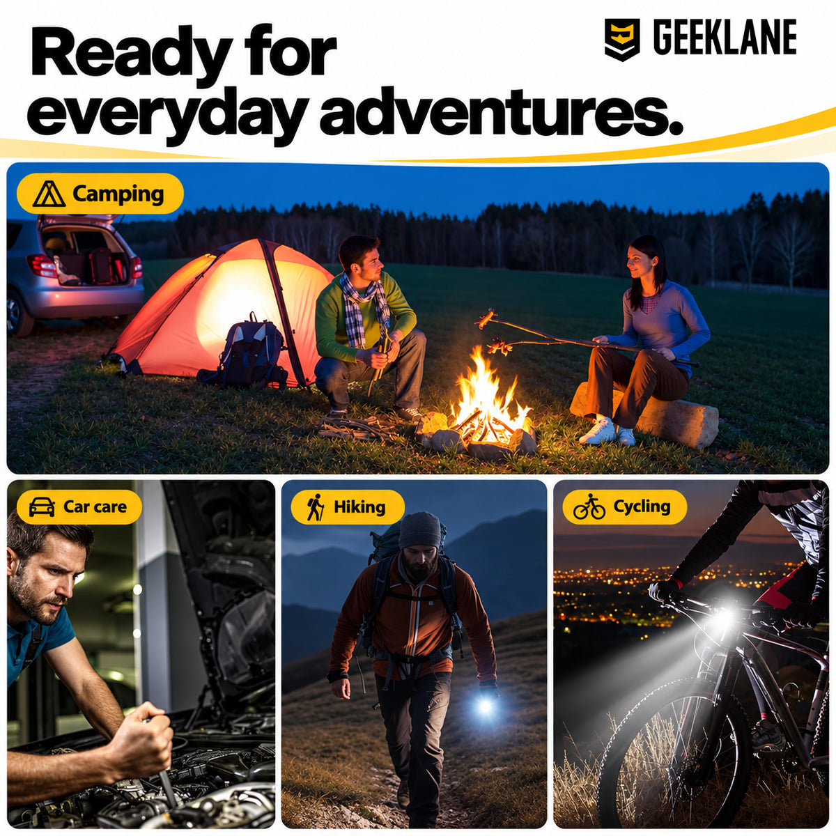 Suggested Glowbit uses shown in camping, car-repair, hiking and cycling scenes.