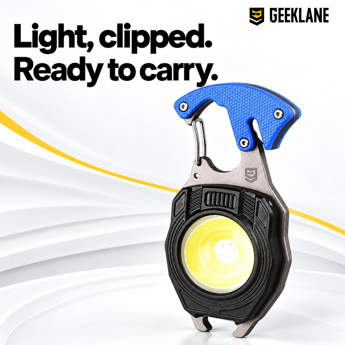 Blue Glowbit front view showing its COB light panel, wire carabiner and cutting hook.