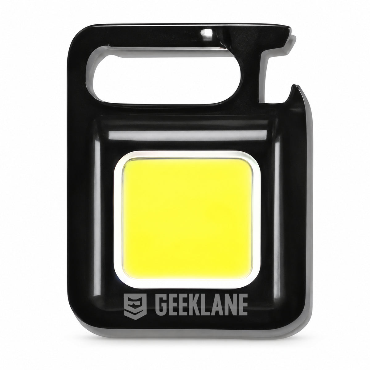 Lumi black keychain COB light on white, showing its front light panel and hook.