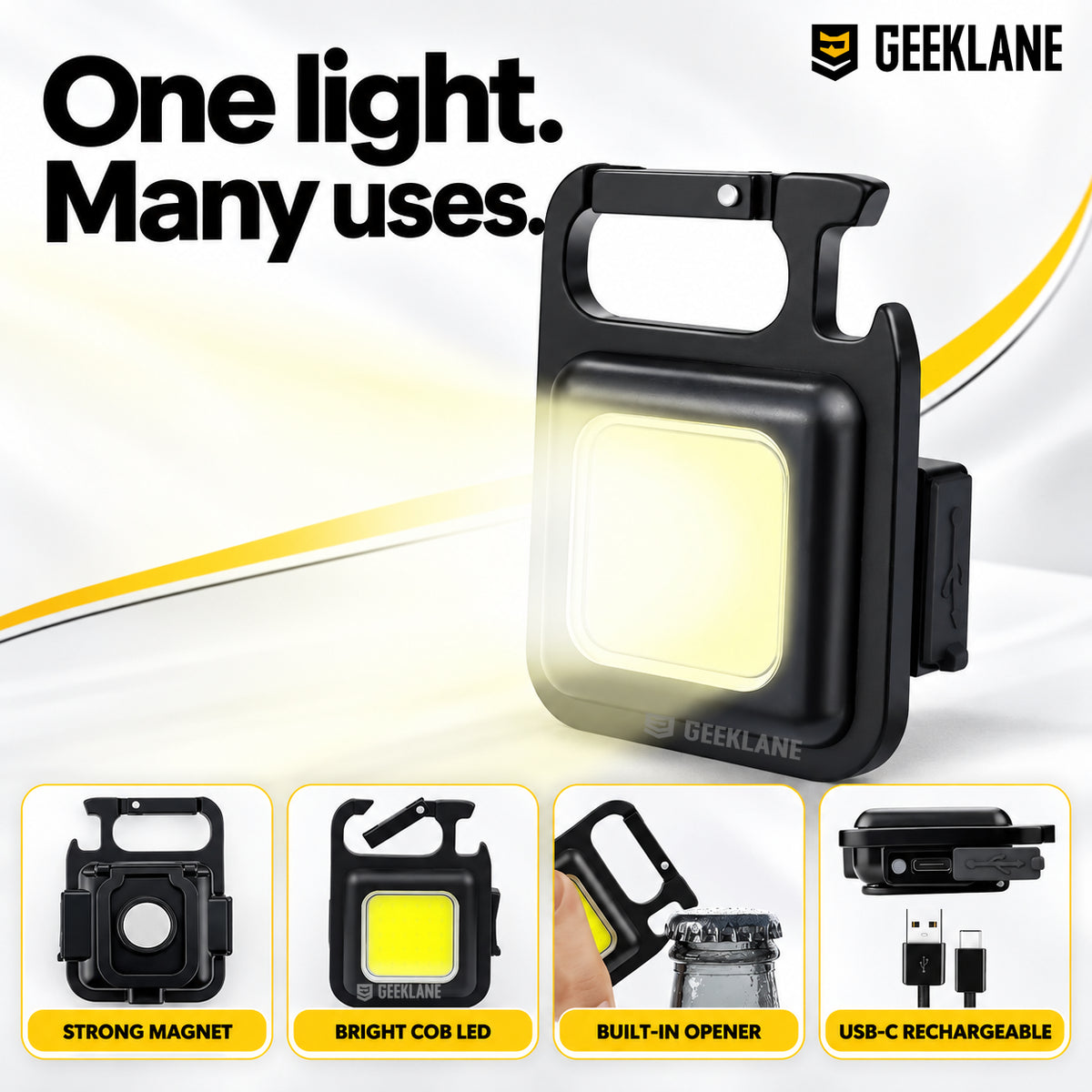 Lumi light with front, rear magnet, bottle opener and charging detail views.