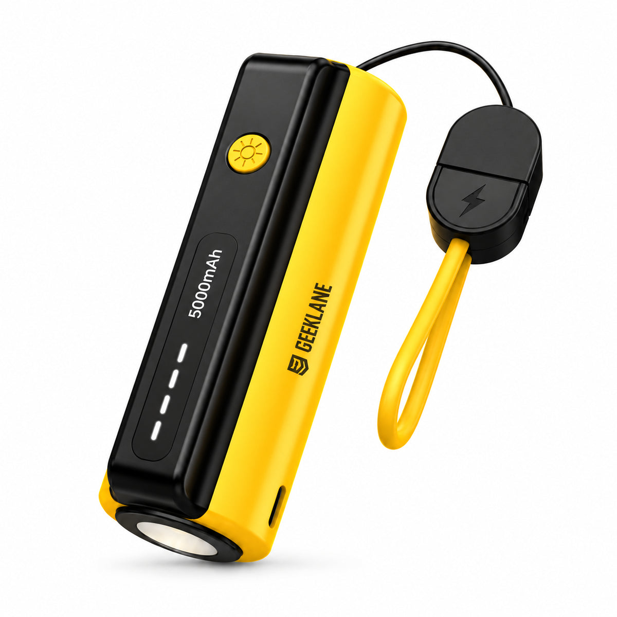 Yellow and black Geeklane Pico power bank on white with its built-in cable loop and torch.