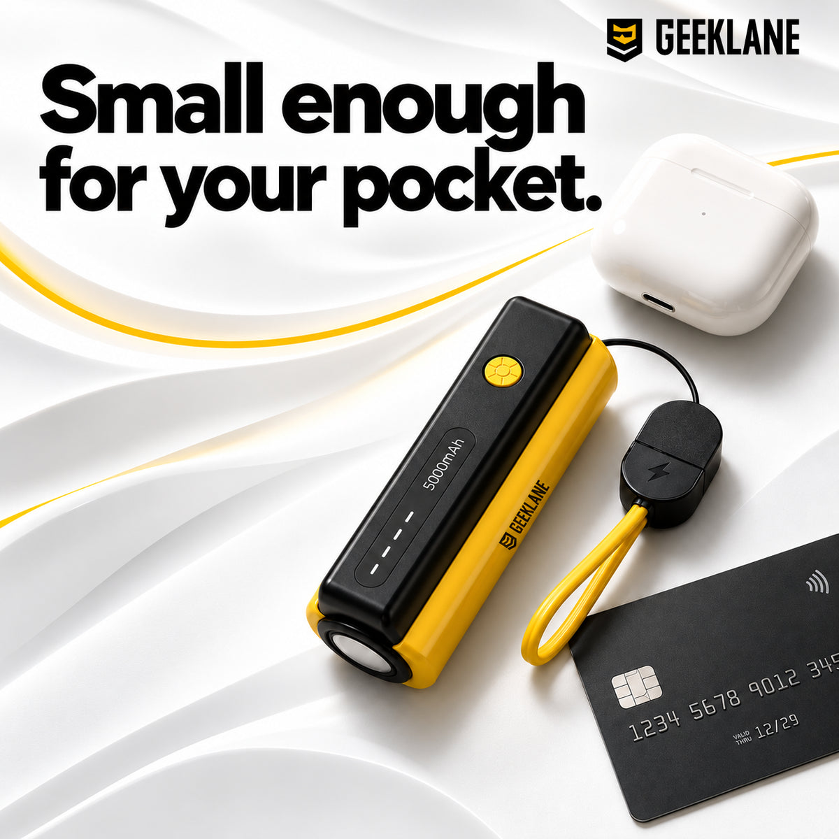 Pico compact power bank with hand and card comparisons demonstrating its portable size.