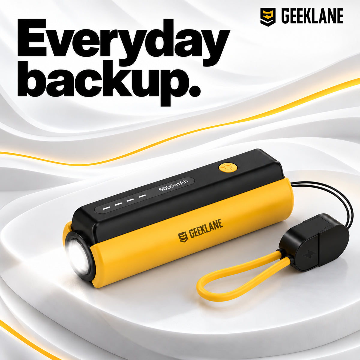 Pico power bank shown with everyday devices and its built-in charging cable.