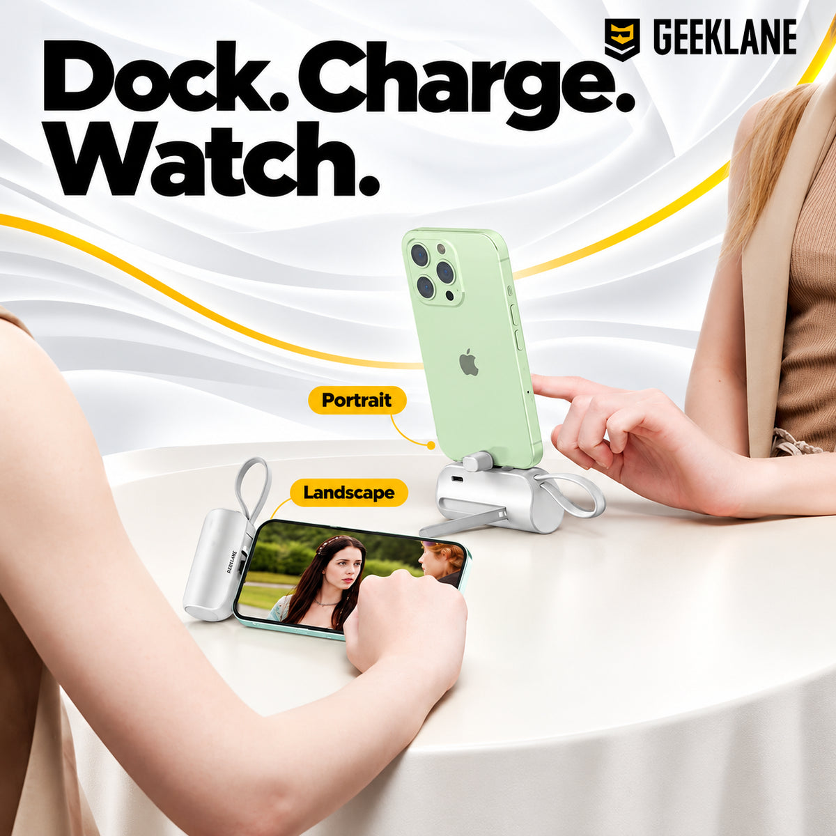 PocketBank supporting phones in portrait and landscape positions on a table.