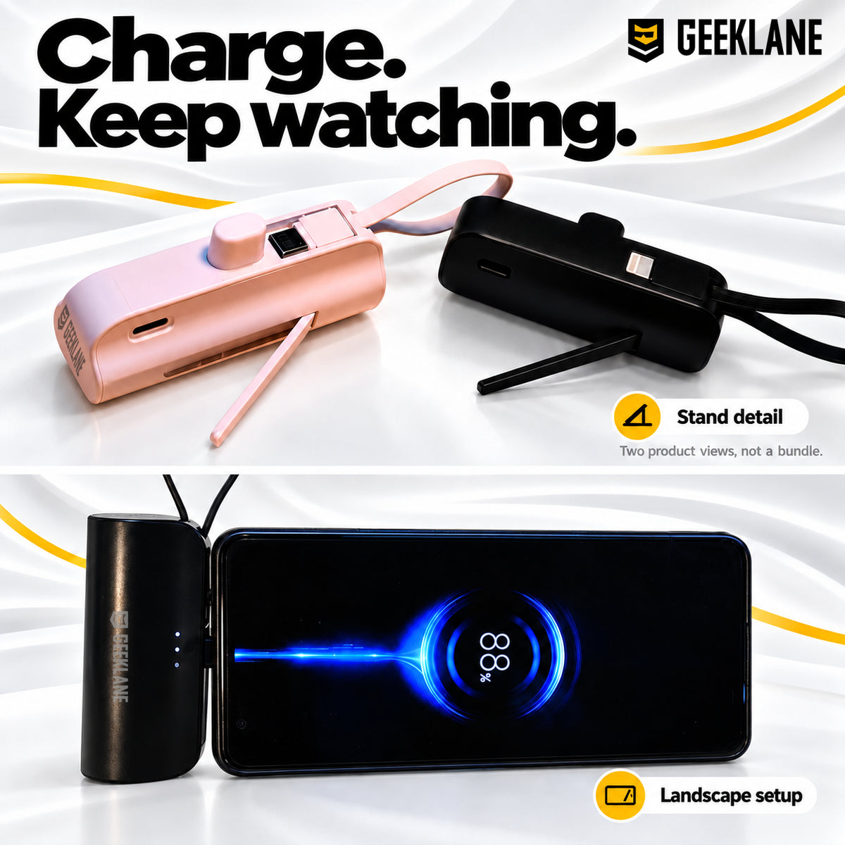 PocketBank stand views and a phone supported horizontally while charging; multiple product views.