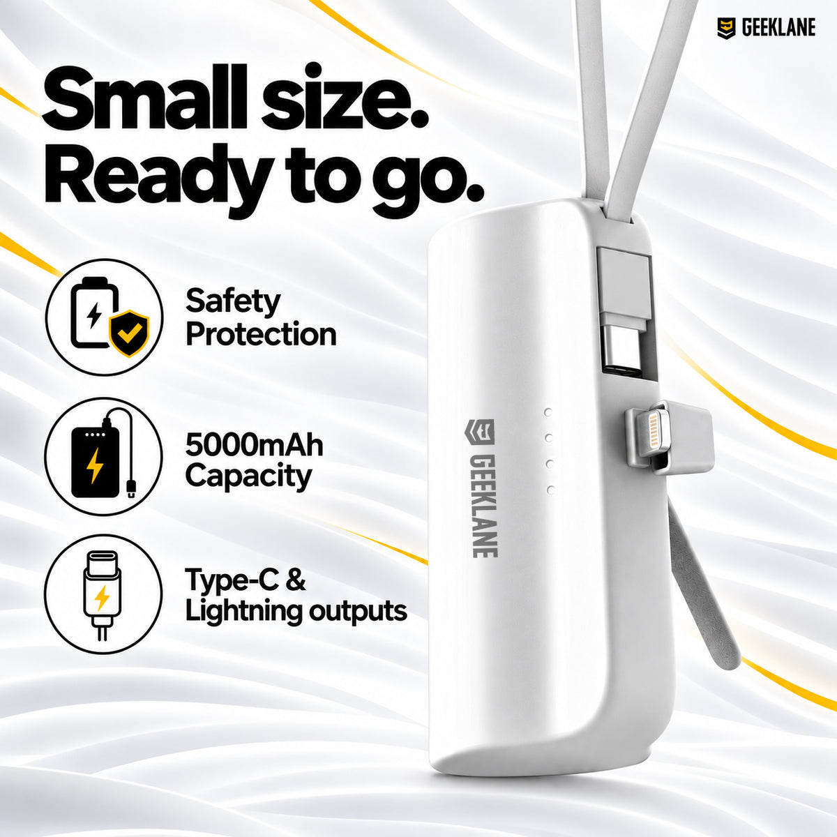 PocketBank white power bank showing its connectors and capacity and protection feature icons.
