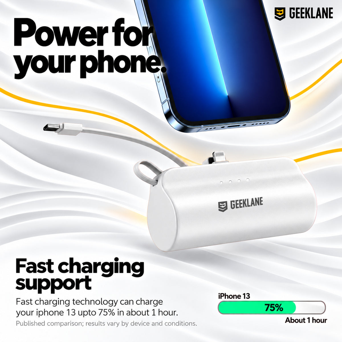 PocketBank beside an iPhone with a published charging comparison and built-in cable view.