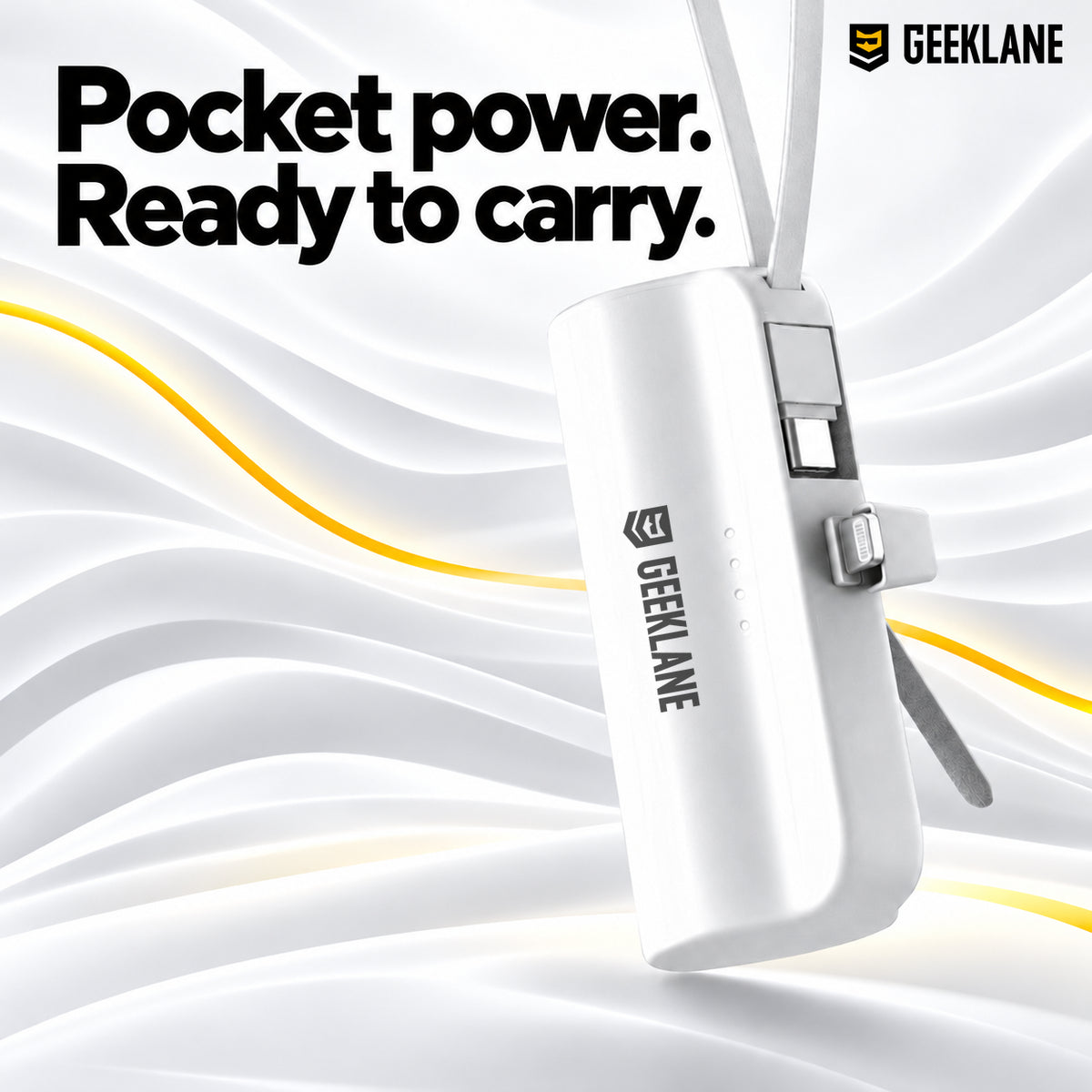 White PocketBank power bank with its lanyard, battery indicators and built-in connectors.