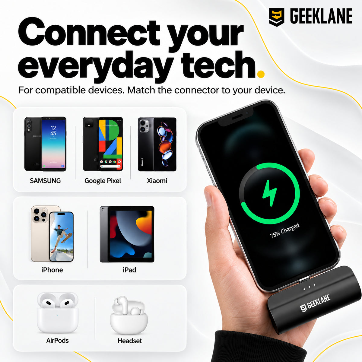 Pocky charging-phone demonstration beside phone, tablet and earbud examples with connector-matching guidance.