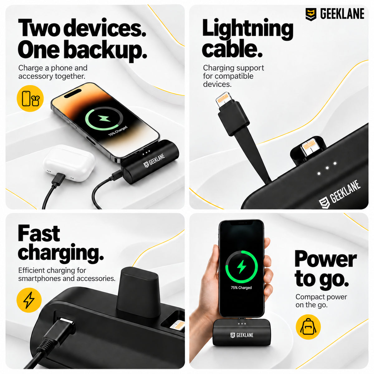 Four Pocky feature panels showing phone and accessory charging, Lightning cable, charging input and hand-held phone use.