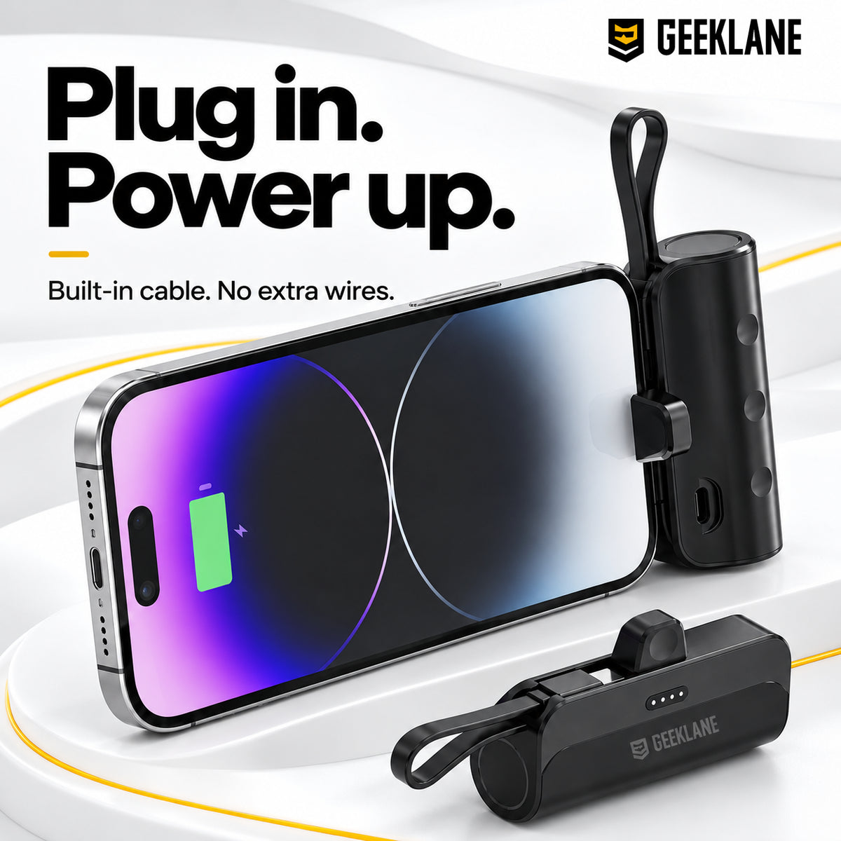 Pocky power bank shown beside a connected smartphone, demonstrating its plug-in charging setup.