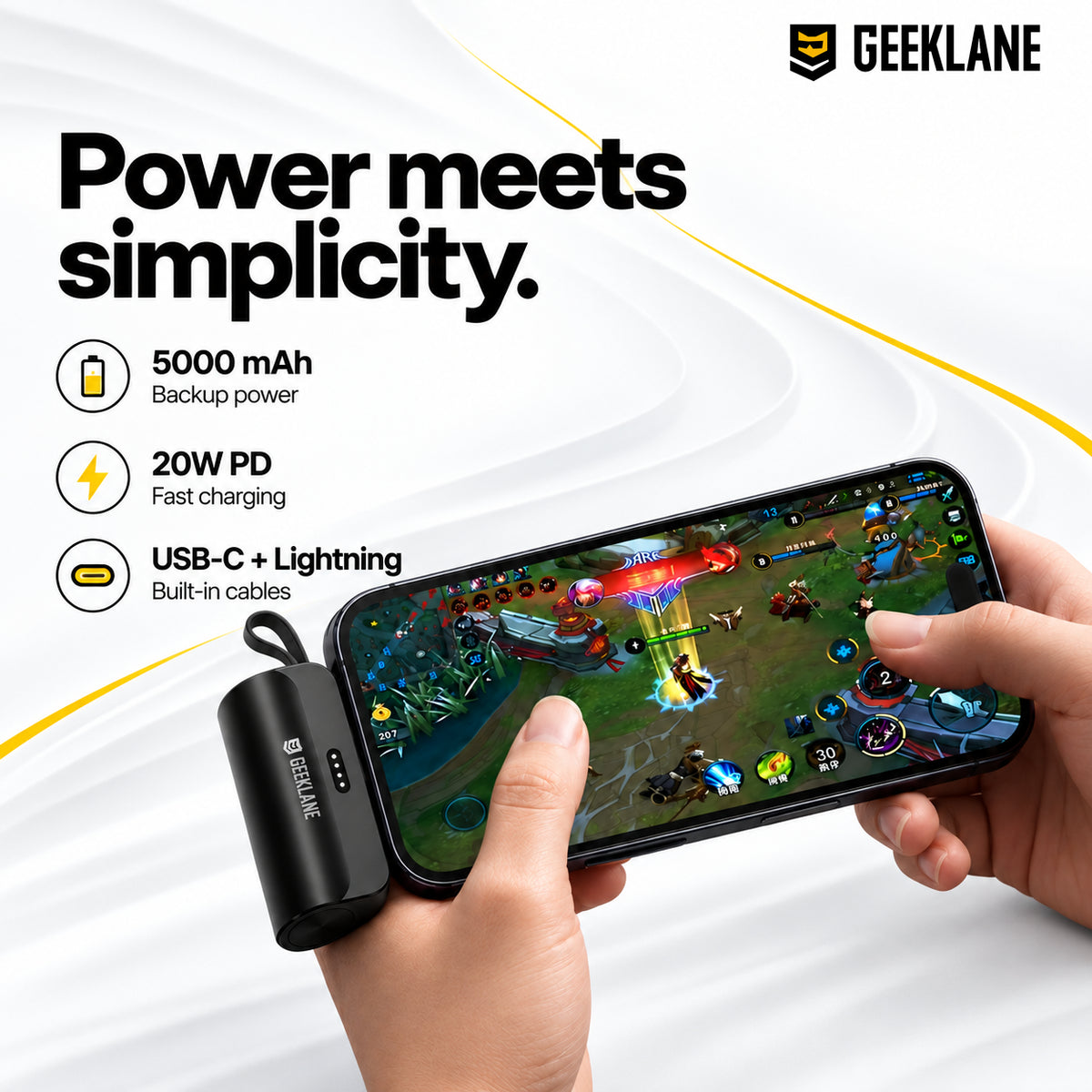 Pocky charging a phone during gaming, with 5000 mAh, 20W PD and USB-C/Lightning feature icons.