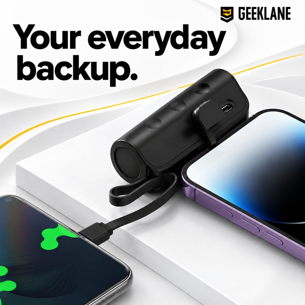 Pocky power bank shown connected to two phones in an everyday backup-charging setup.