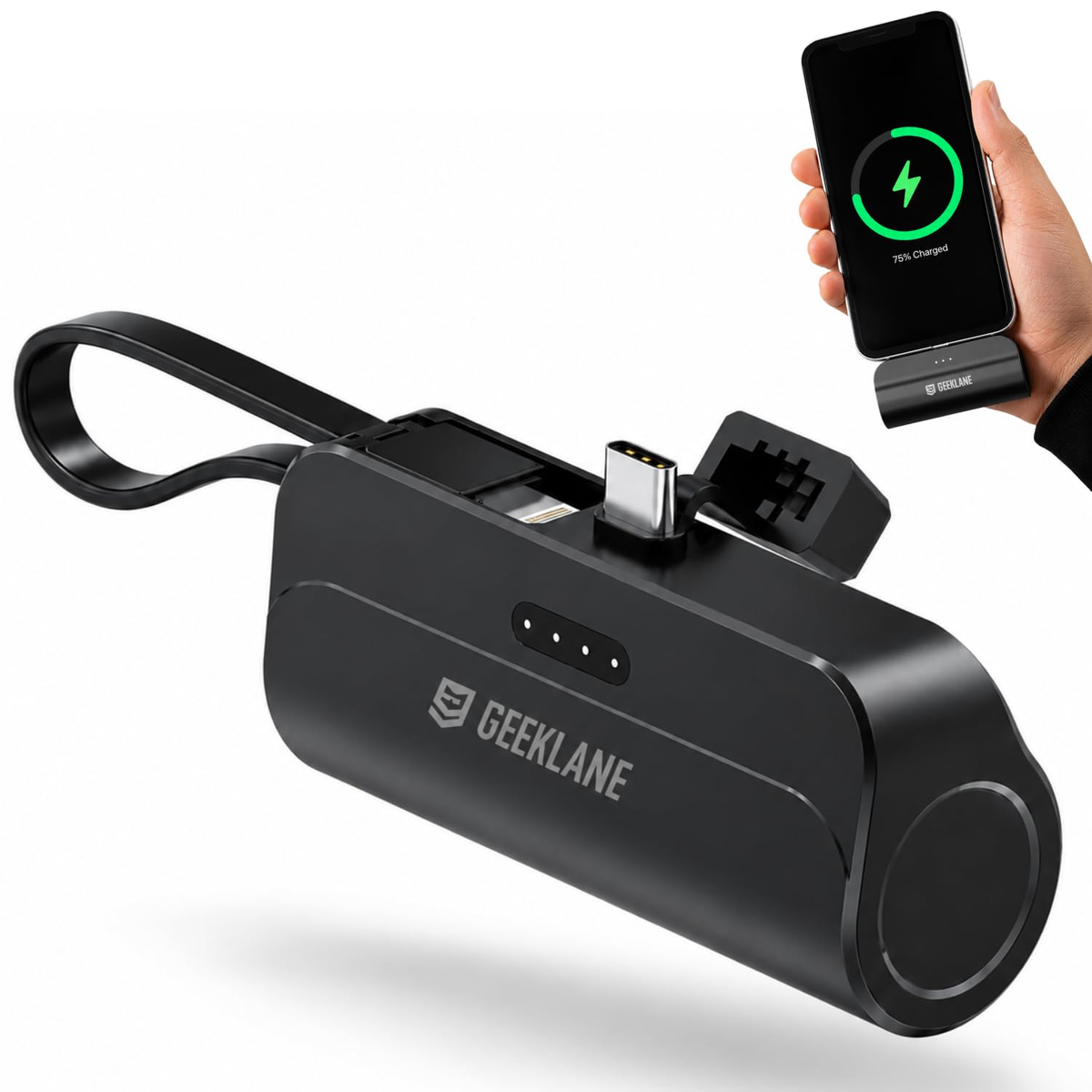 Black Geeklane Pocky power bank with its built-in USB-C connector, cap, loop and four indicators, plus a hand-held phone-charging inset.