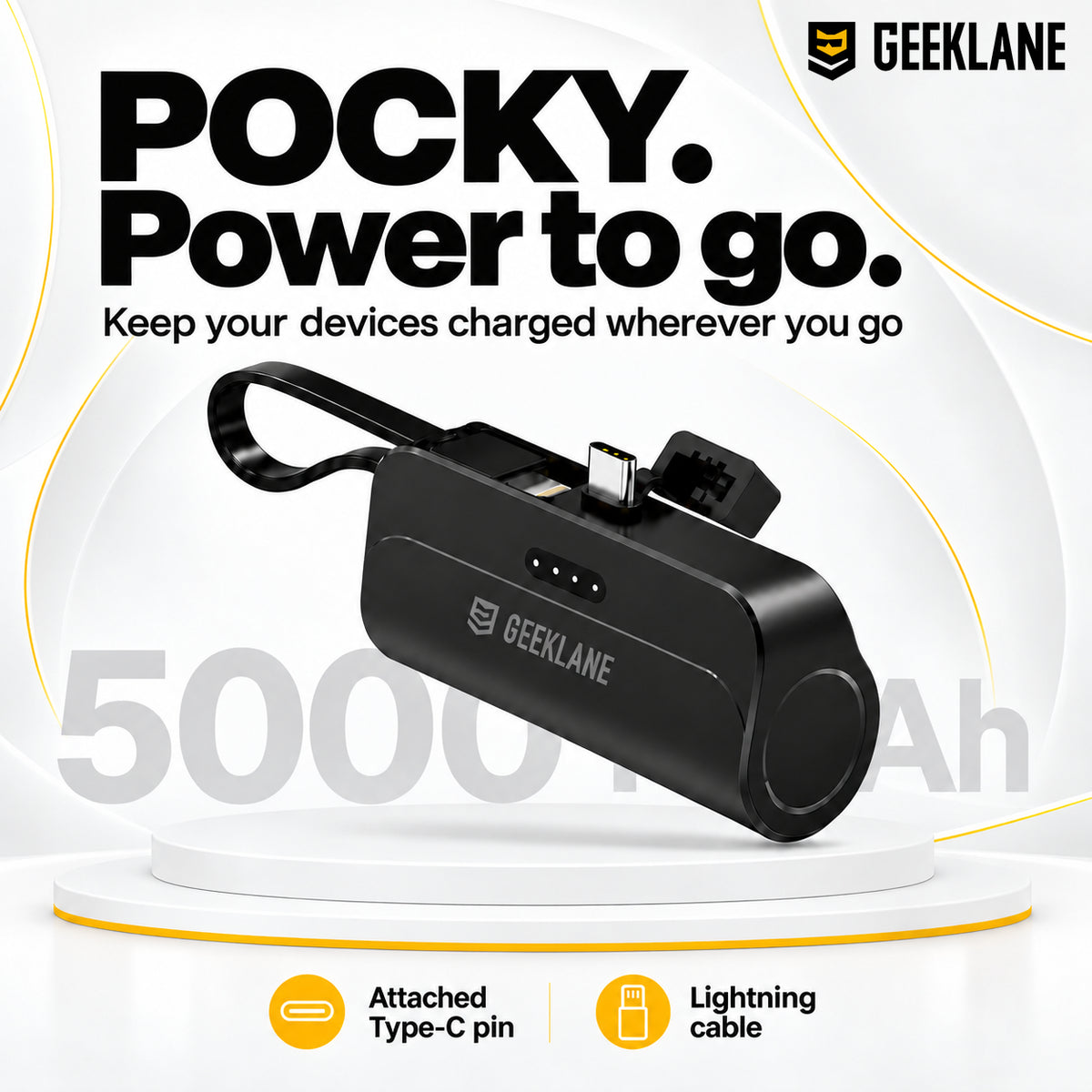 Pocky power bank showing capacity, attached Type-C pin and Lightning cable feature icons.