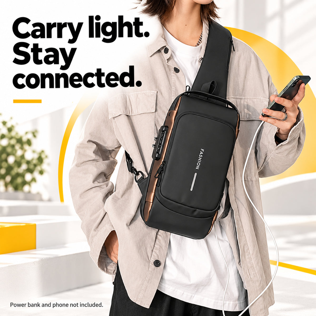 Shield — bag worn with charging cable.