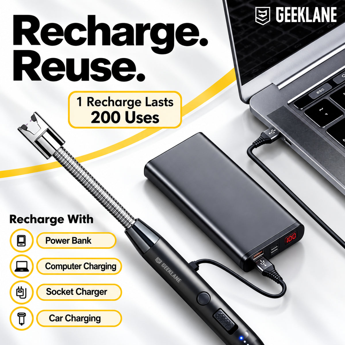 Sparq charging beside a laptop and power bank, with four charging-source icon groups.