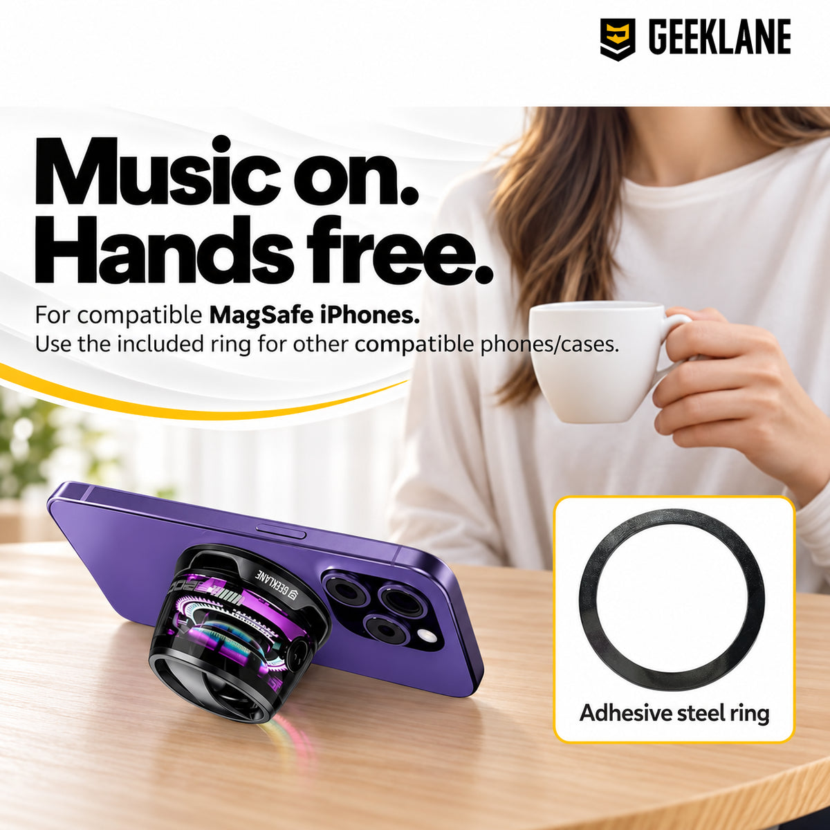 Voxa supporting a purple phone on a table, with an adhesive steel-ring inset and compatible mounting information.