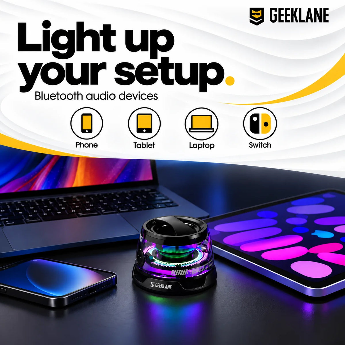 Voxa RGB speaker in a laptop, phone and tablet setup, with Phone, Tablet, Laptop and Switch icons.